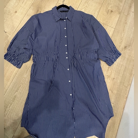 Zara Striped Blue Button-Up Dress size XXL puff sleeve tunic - Picture 13 of 16